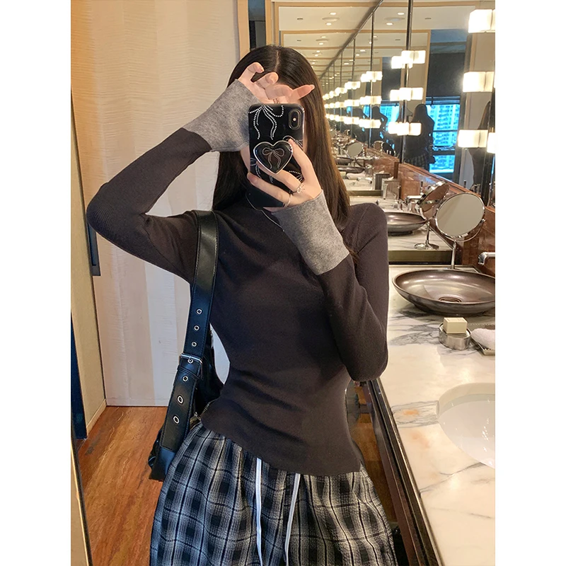 컬러 블록 니트 롱 스웨터 하이 칼라 베이스 티셔츠 여성 패션 가을 겨울 빈티지 슬리브 이너웨어 티셔츠