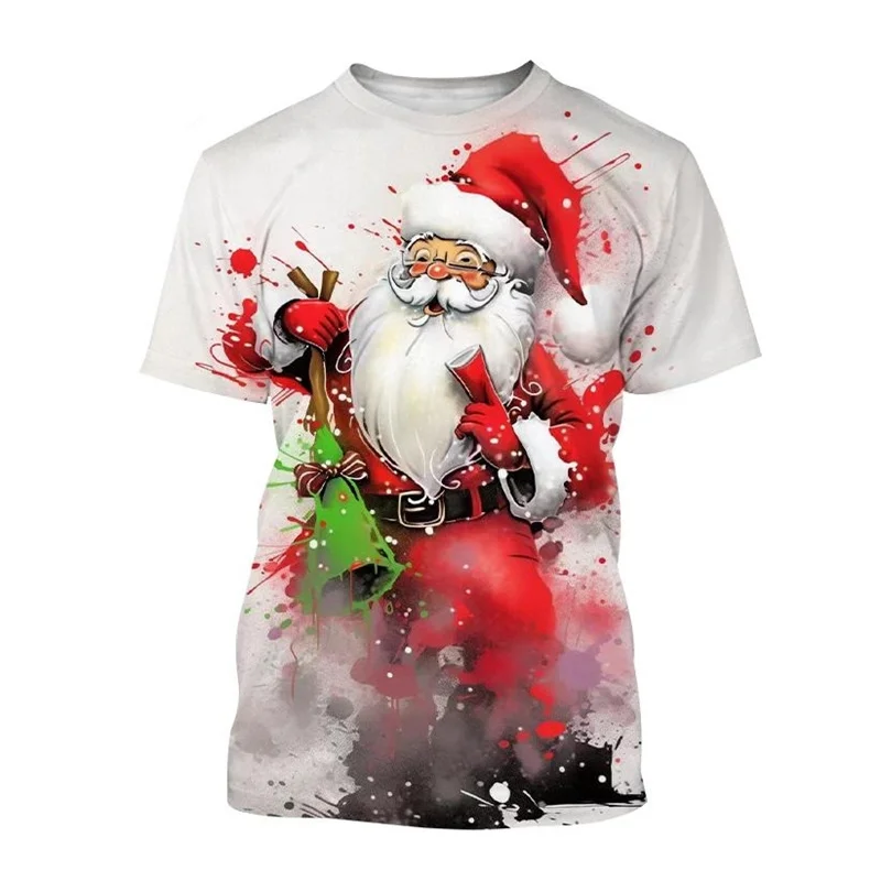 Funny Santa Claus 3D Print Men\'s T Shirt Fashion New Year X\'mas Clothing Casual O-neck Loose T-shirts Children Short Sleeve Tops