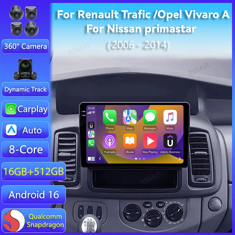 Android 16 Carplay Auto para Renault Trafic 2, Opel Vivaro A, Nissan Primastar 2006 - 2014, Radio de coche, Reproductor estéreo, Video, BT