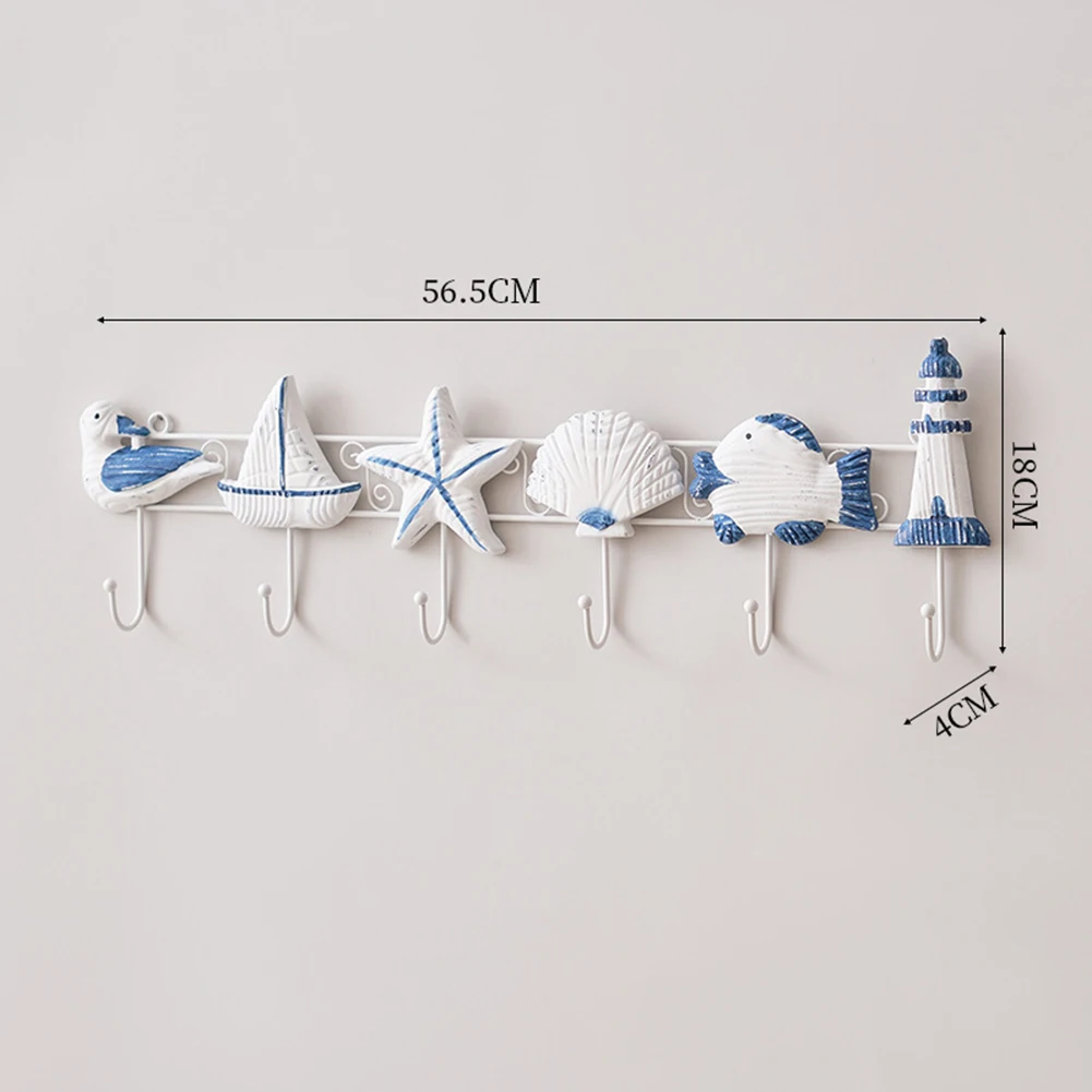Beach Themed Wall Hooks Resin Fish Sea-Star Shell Sailboat Coat Hanger For Towel Hat Bag Decorative Bathroom Bedroom 22.24Inch