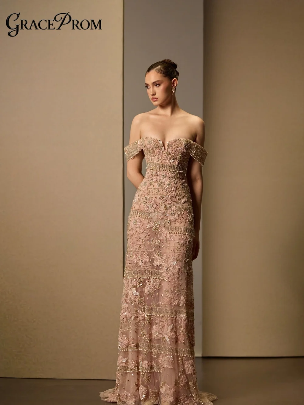 

Exquisite Sequined Sheer Evening Gown 2026 Ornate Pink Off Shoulder Party Dress Floral Details For Wedding Guests فساتين سهرة