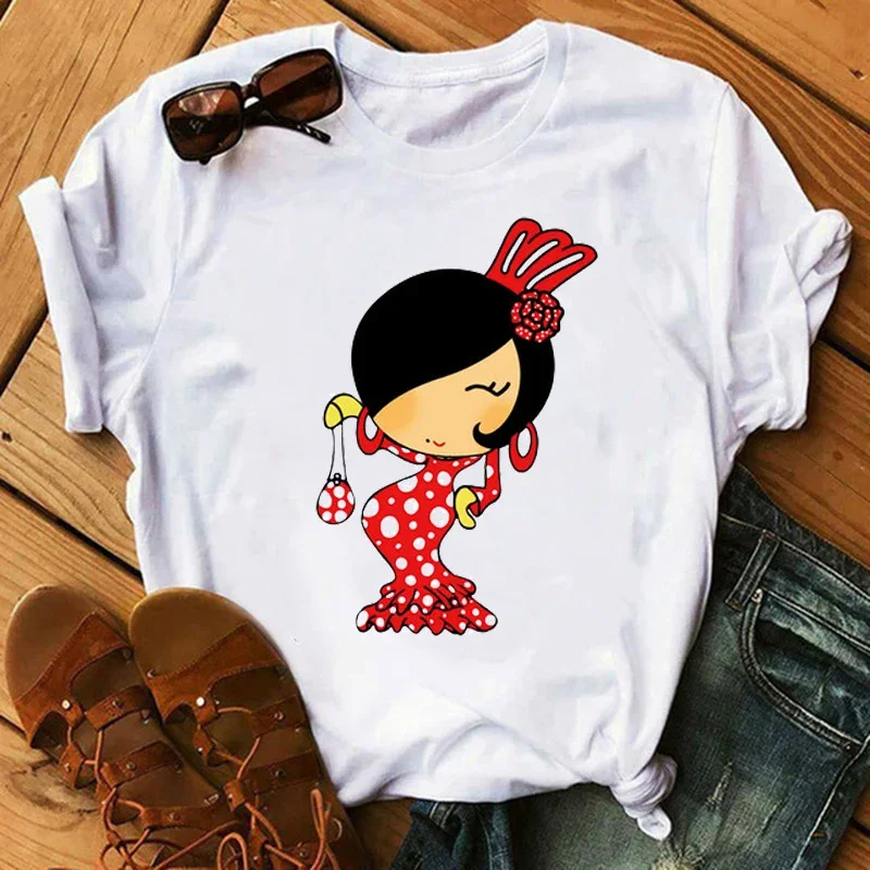 Damska koszulka Flamengo taniec kreskówka dziewczyna koszule z nadrukiem moda O-neck Femme tshirts śliczne topy koszulki damskie estetyczne ubrania