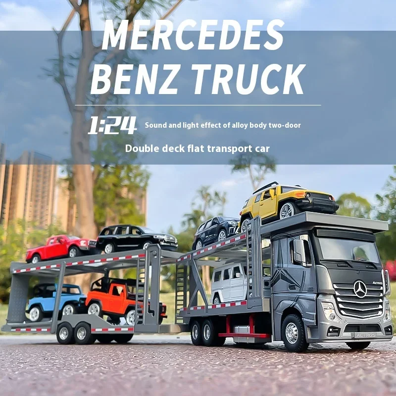 1:24 Mercedes Benz Double Decker Flatbed Transport Truck Alloy Diecast Car Model Sound And Light Birthday Gifts Box For Children