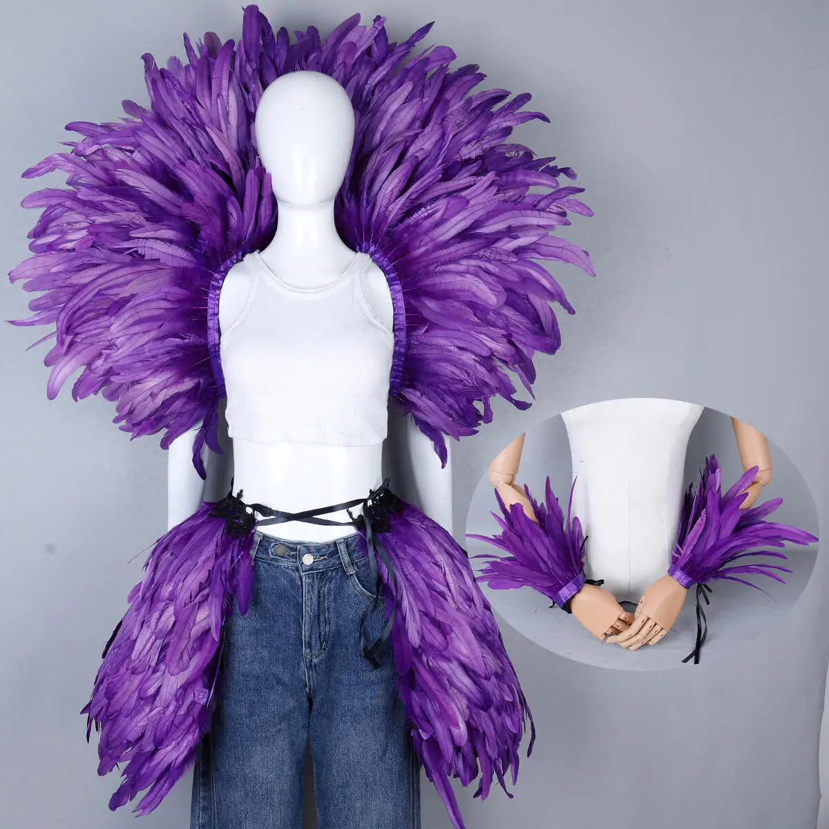 Gothic Karneval 3-teiliges Set Maskerade Gefiederter Kragen Brautschal Halloween Kostümzubehör für Damen Mode Cosplay Hexe – Detail 12