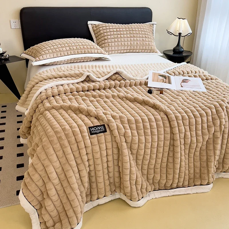 Thick Faux Rabbit Fur Blanket Raised Stripe Autumn Winter Warm Throw Blankets for Bed Sofa Single Double Fluffy Plush Bedspread