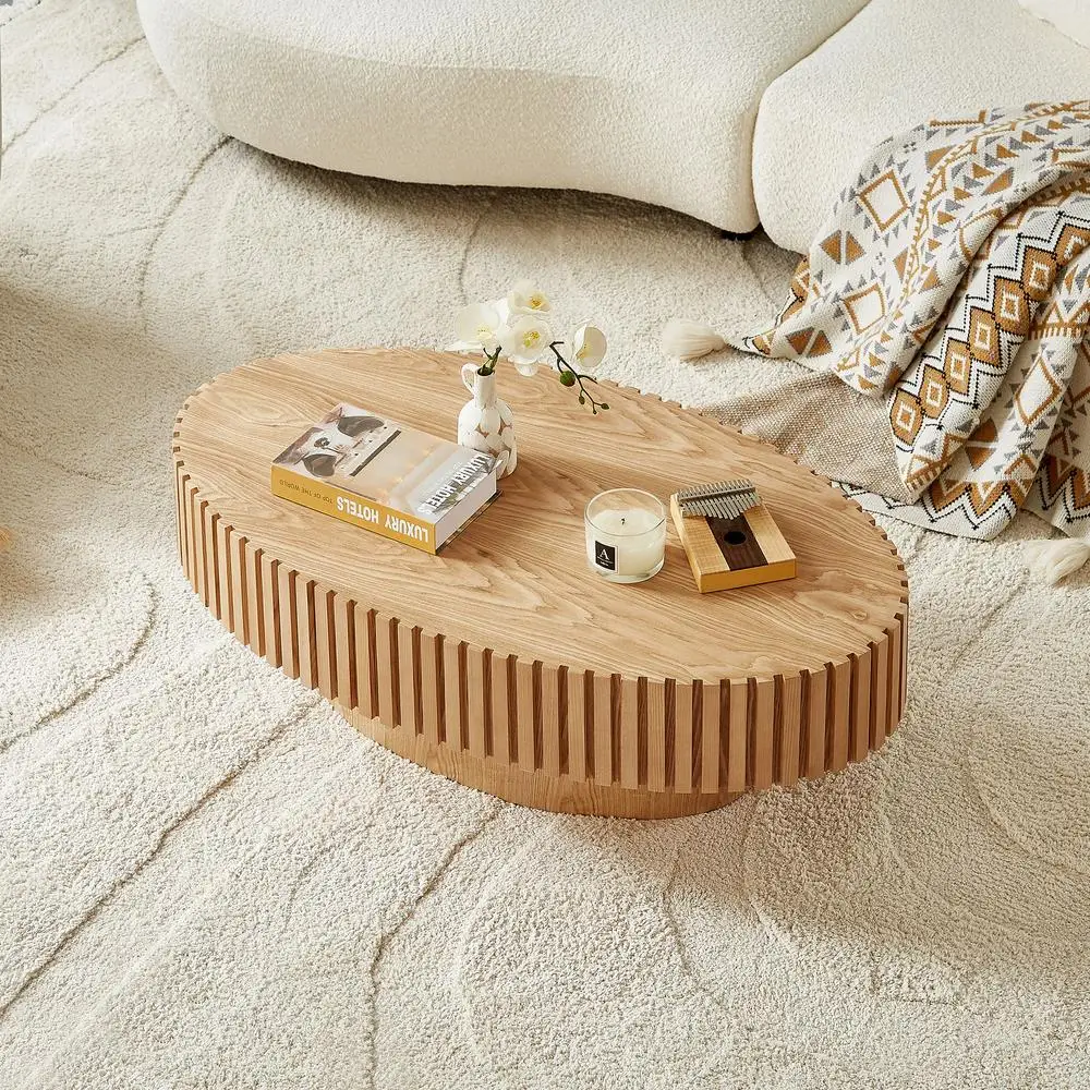 

Modern Drum Coffee Table 43.7 Inch Oval Small Accent Table with Sturdy Pedestal Natural Ash MDF for Living Room Bedroom