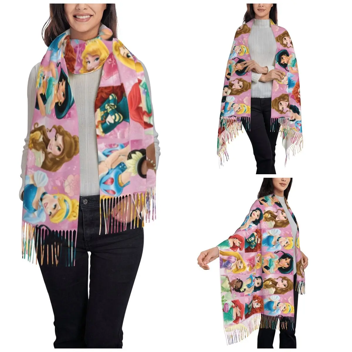 Womens Scarf with Tassel Cartoon Princess Long Winter Fall Shawl and Wrap Kids Boys Girls Daily Wear Pashmina Scarves