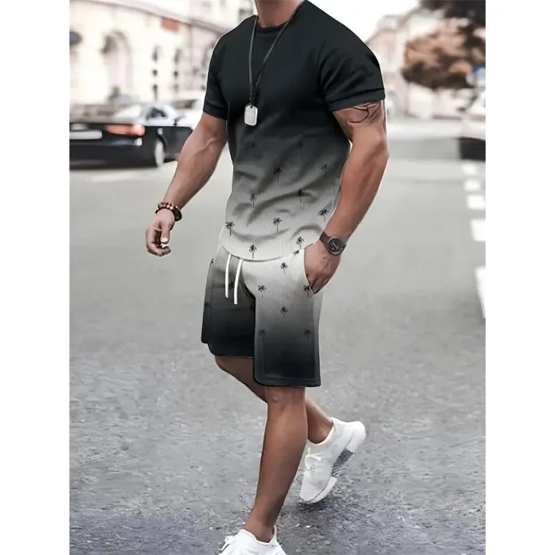 2025 High Quality Street Men's 3D Short Sleeve Loose Top Gradient Coconut Print Style Summer Fashion T-shirt Shorts Set