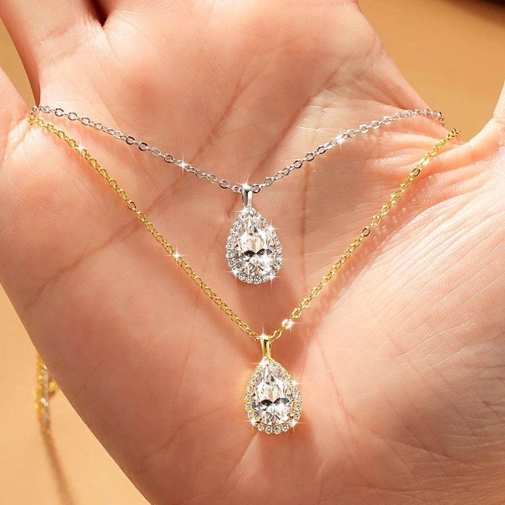 Abestecom Pear Waterdrop Necklace D Color Moissanite Classic Pendant Necklace Lobster Clasp Adjustable Women Jewelry Accessory