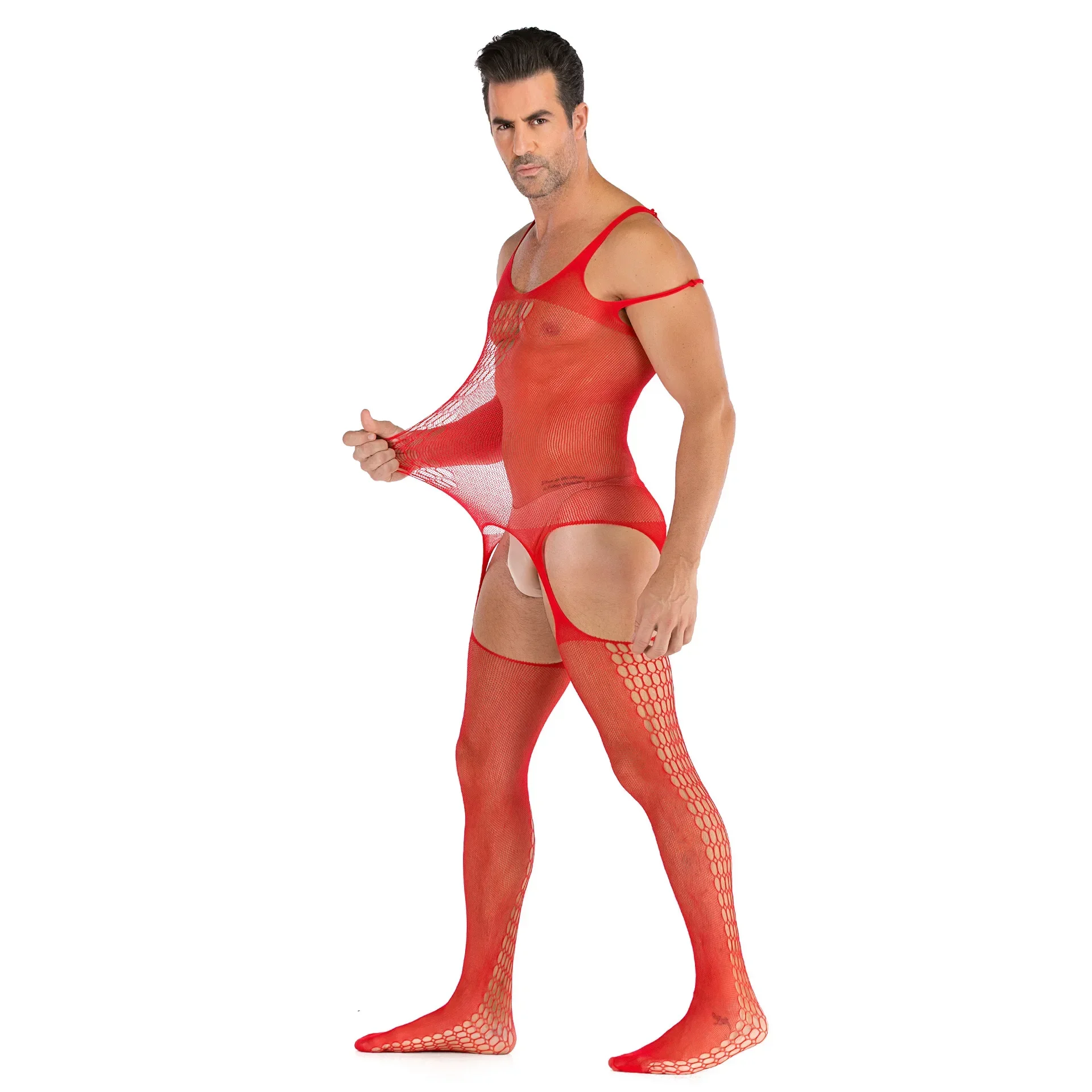 

Sexy Men's Transparent Stockings Ultra-thin Elastic Tight Fitting Clothes Sissy Fishing Net Erotic Pajamas Off Shoulder Jumpsuit