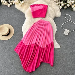 Sexy Two Pieces Sets Chic Hotsweet Off Shoulder Strapless Tube Top with High Waist Asymmetric Pleated A-line Full Skirt  Sets