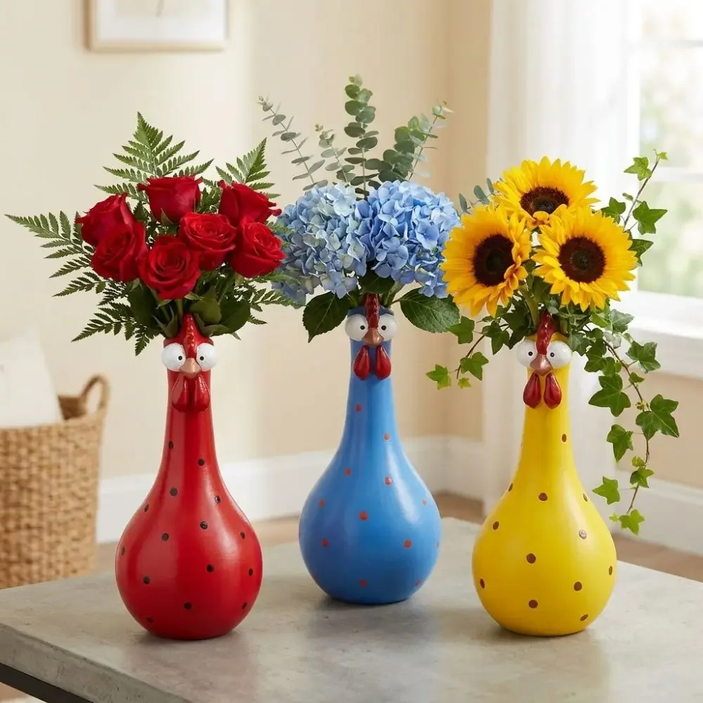 Colorful Dot Long Neck Chicken Vases Resin Art Cartoon Rooster Sculpture Vase Smooth Waterproof Hand Painted Decorative Vase