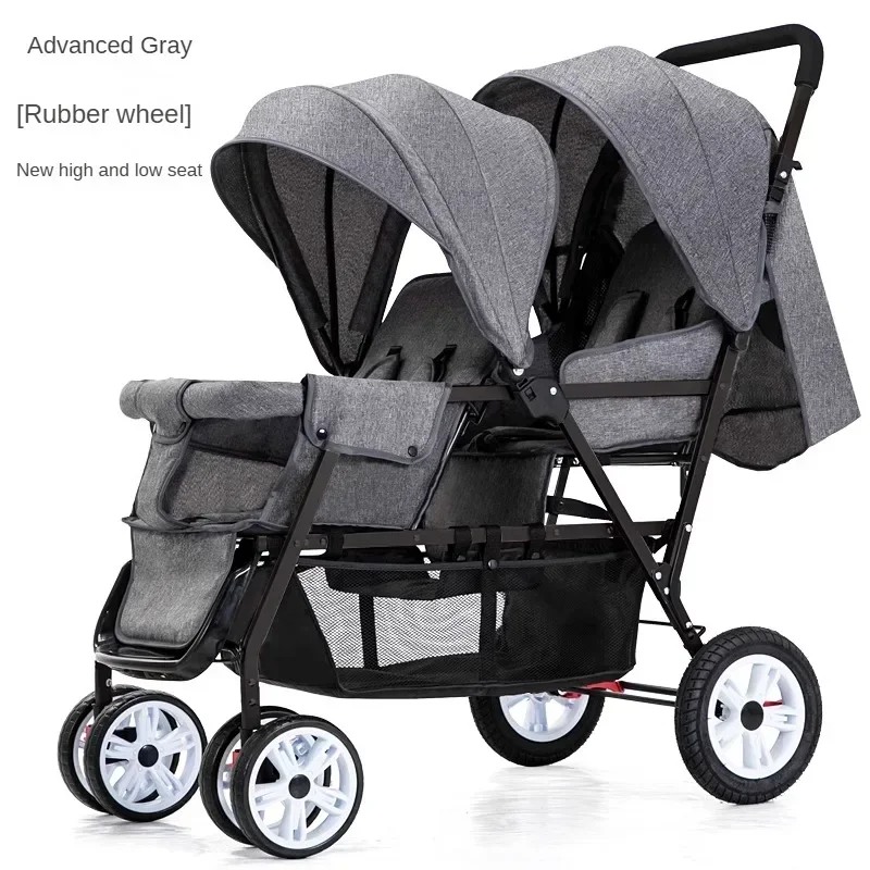 Nieuwe Twins kinderwagen voor- en achterbank, twee personen kunnen zitten en liggen, lichtgewicht opvouwbare kinderhandkar kinderwagen