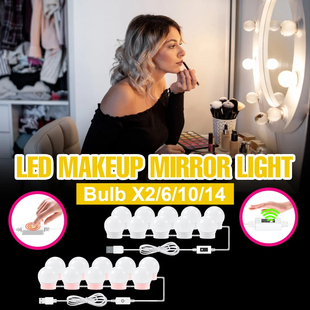 LED Makeup Mirror Vanity Light Bulb USB Dressing Table Cosmetic Mirror Lamp 2/6/10/14 Bulbs Home Bedroom Decoration Nightlights