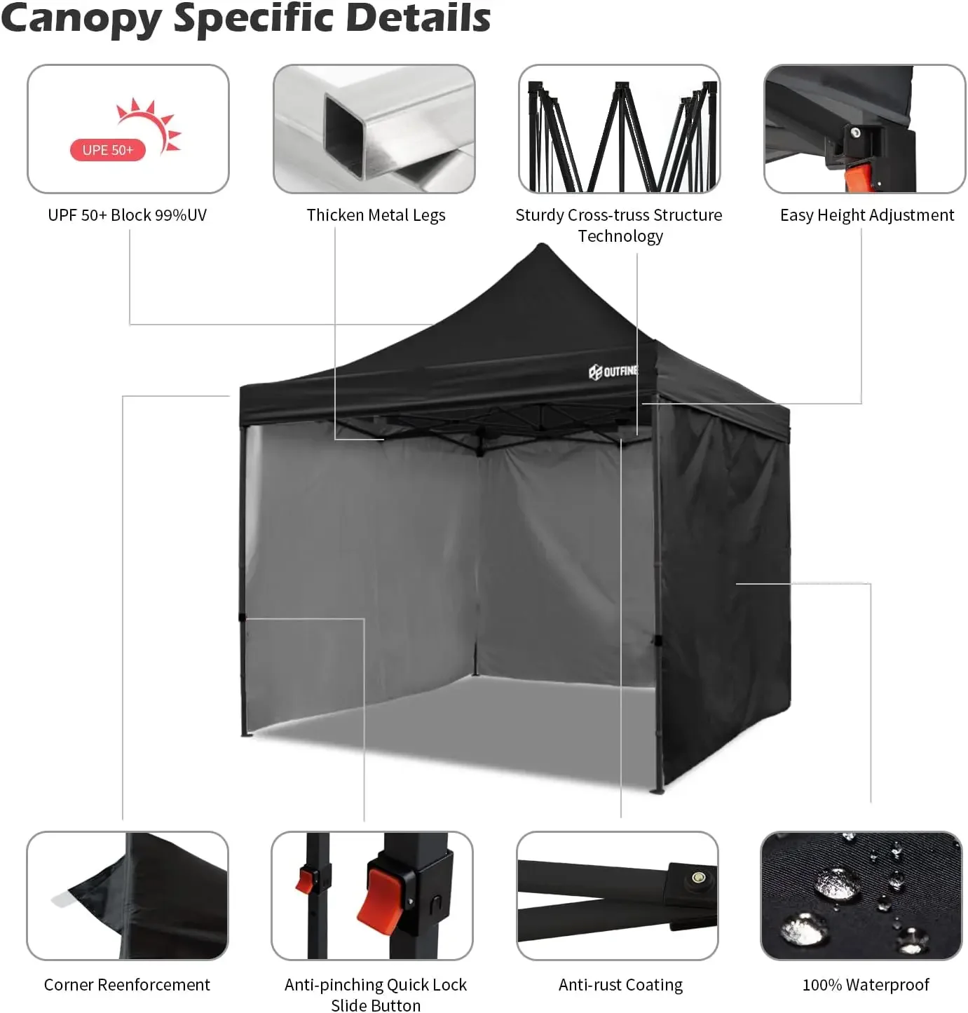 OUTFINE Heavy Duty Canopy 10x10 Pop Up Commercial Canopy Tent with 3 Side Walls Instant Shade, Bonus Upgrade Roller Bag, 4 Weigh