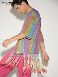 INCERUN moda koszula męska Tie Dye Tassel otwórz Stitch pół rękawa 2023 błyszczące mężczyźni odzież kolorowe Streetwear swobodny kardigan 7