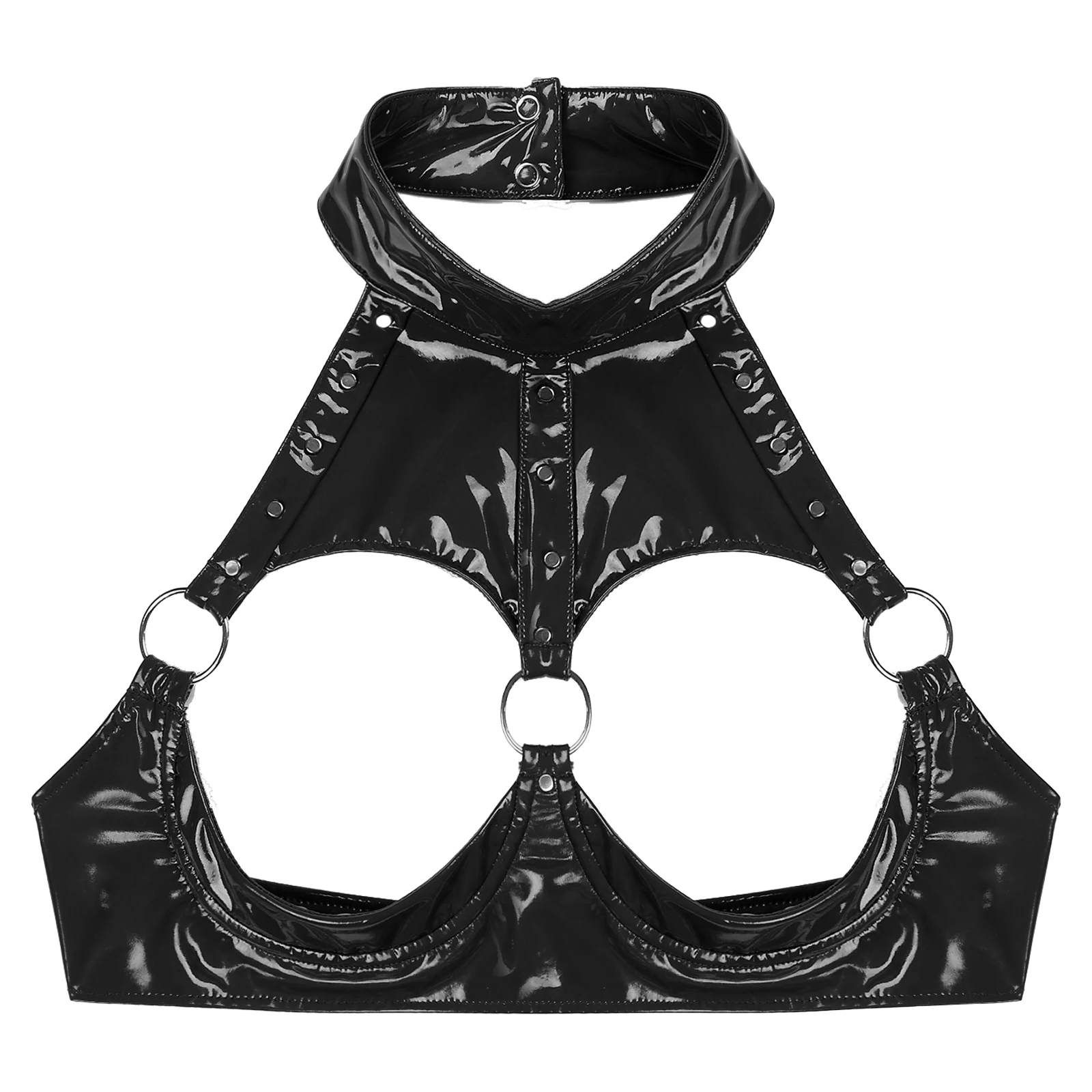 Sexy Womens Patent Leather Brassiere Underwear Lingerie Rivet O Ring Halter Open Breast Bra Open Cup Underwired Bra Crop Top