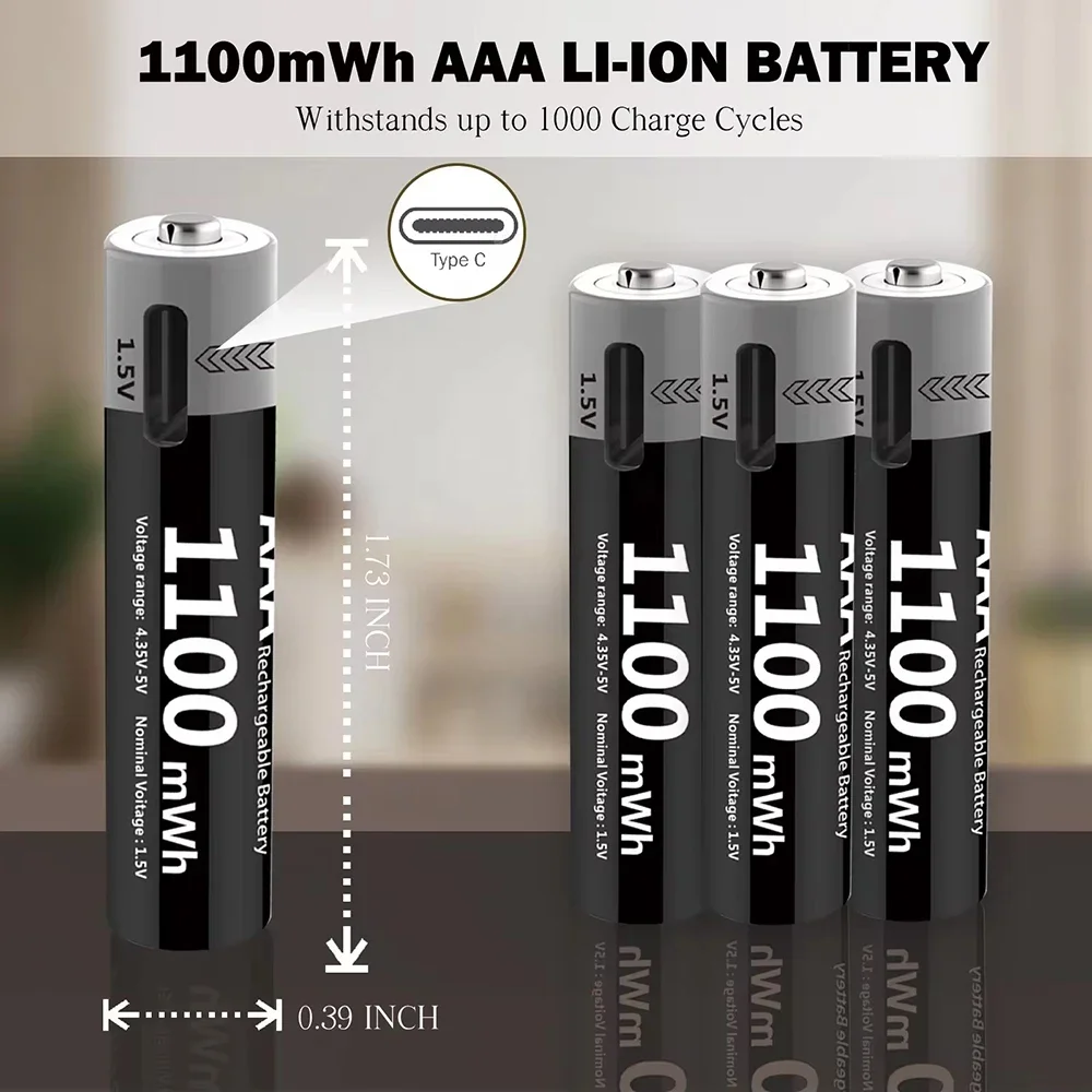 kuugro 1.5V AAA USB Li-ion Rechargeable Battery Aaa 1.5V 1100mWh Lithium Batteries with 4-in-1 Cable for Toys Camera Flashlight