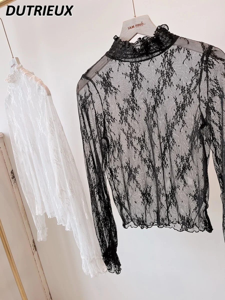 All-Match Elastic Stand Collar Shirt Beautiful Flared Sleeves Blouse Solid Color Lace Undershirt Spring Autumn Sweet Girls Tops