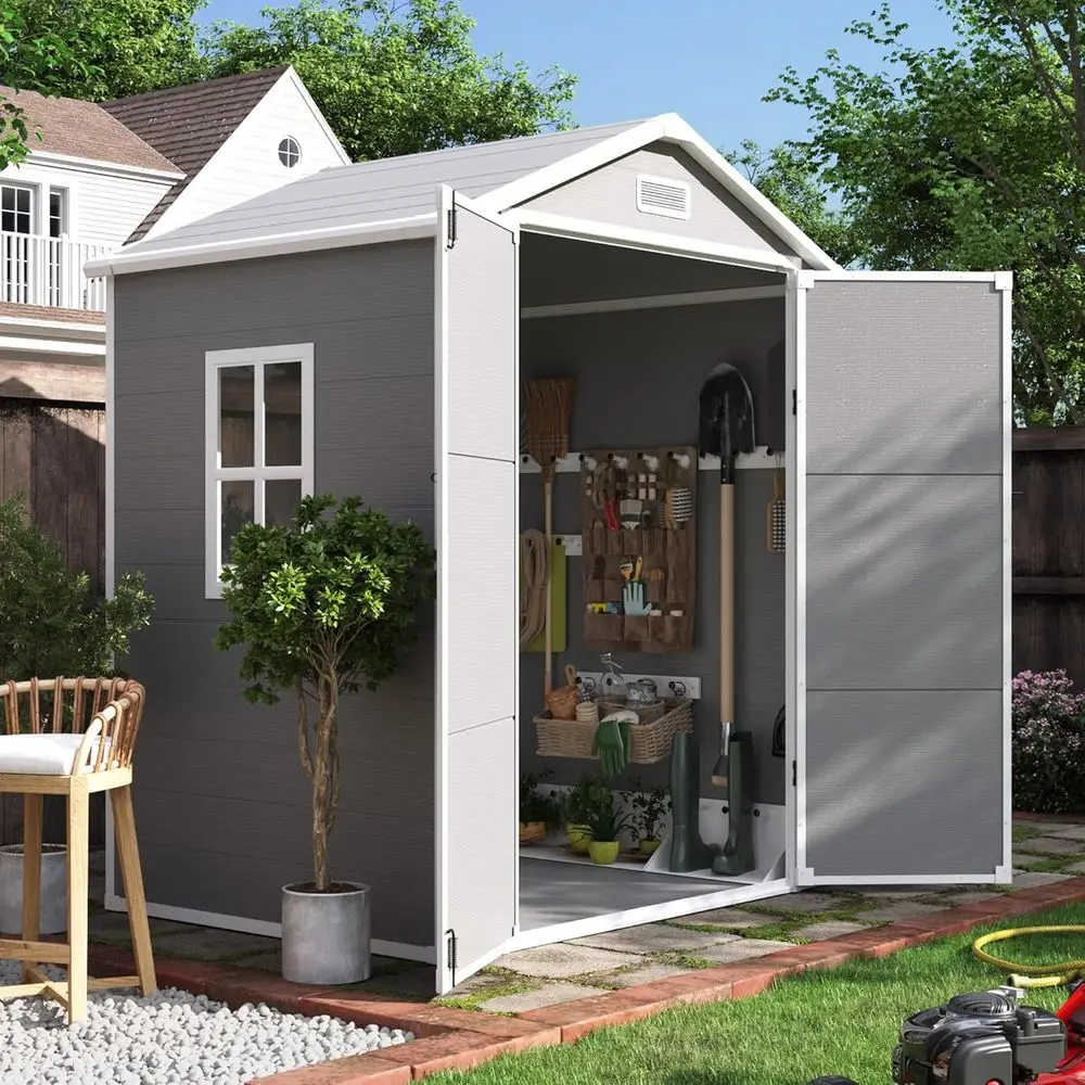 

6x4.5ft Outdoor Plastic Storage Shed with Lockable Door, Suitable for Garden, Bikes, and Tools in Grey & White