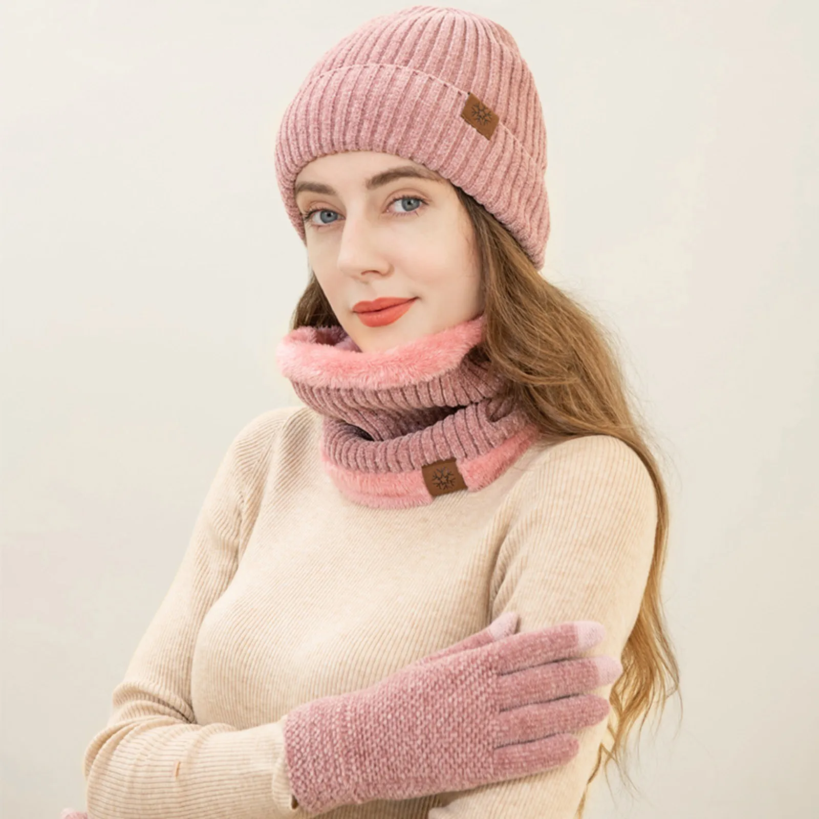 

Women's Outdoor Scarf Sets Men And Women Warm Cold-Proof Collar Thick Woolen Hat Gloves Three-Piece Suit Adults Windproof Set