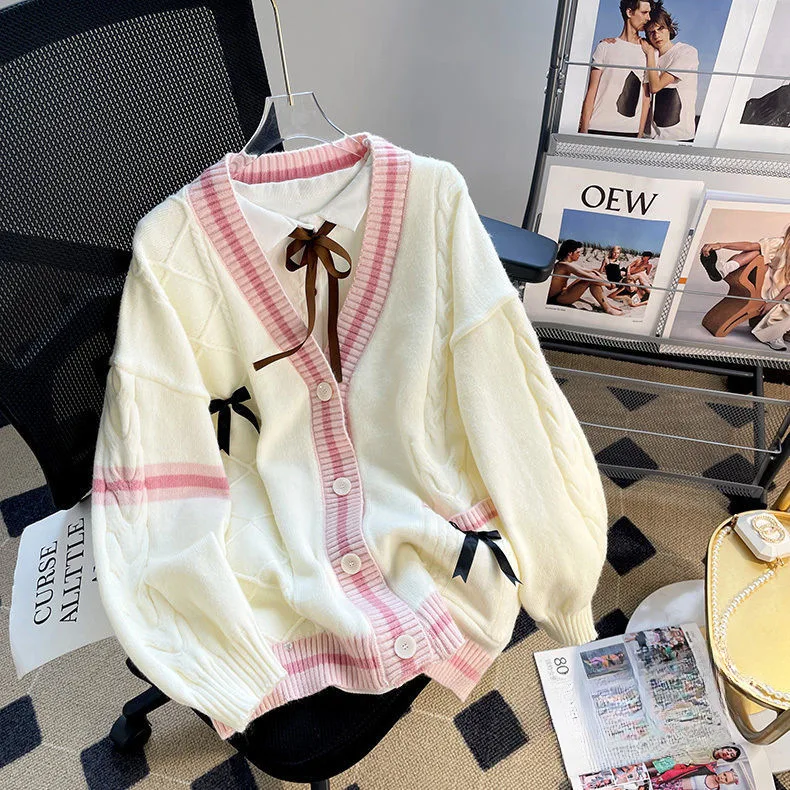 Anti-envelhecimento estilo japonês aberto cardigan com decote em v sem mangas solto camisola de malha feminina casaco nó borboleta estilo preguiçoso