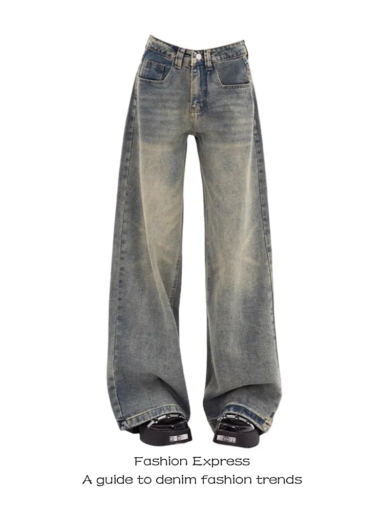 

Женские джинсы с низкой посадкой, широкими штанинами, эффектом потертости, свободного кроя, прямые, в пол, осенние, синие, на молнии