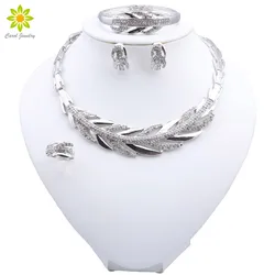 Silver Color Dubai Jewelry Set for Women Crystal Necklace Earrings with Bangle Ring for Weddings Bridal Party Gifts