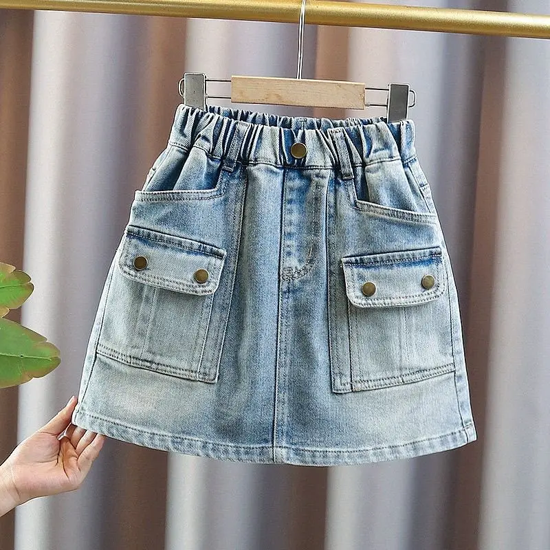 Girls Denim Skirt Summer 2026 New Kids Casual Trendy Short Dress Anti Exposure Safe Design Versatile for School Holiday Outfits
