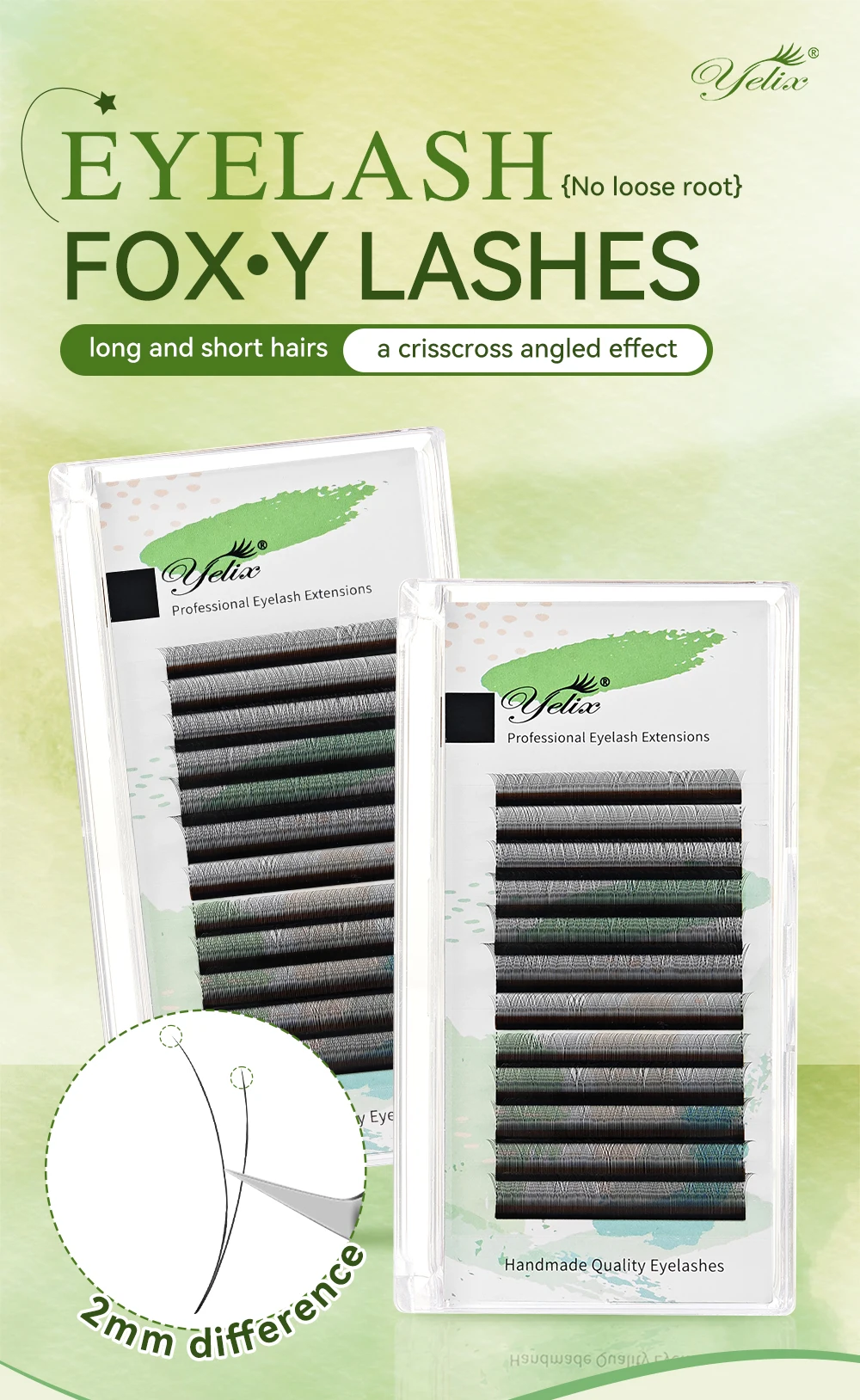 Yelix 2D-Y Fox Wimpernverlängerungen Asymmetrisch Lang Kurz Gemischte Längen Tray Sofortige Flache Basis Großhandel für Wimpernsalons – Detail 2