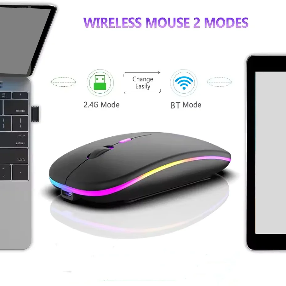 ماوس LED لاسلكي USB قابل لإعادة الشحن ومتوافق مع بلوتوث ماوس RGB ماوس مريح صامت مع إضاءة خلفية لأجهزة الكمبيوتر المحمول وأجهزة iPad