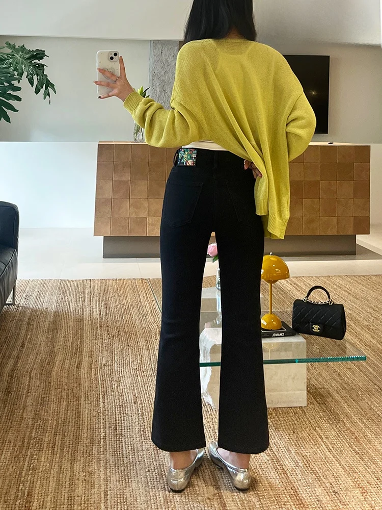 High Waist Stretchy Slimming Nine-Tenths Jeans Women's Spring New Style Black Flared Denim Pants Comfortable Cotton Elastic