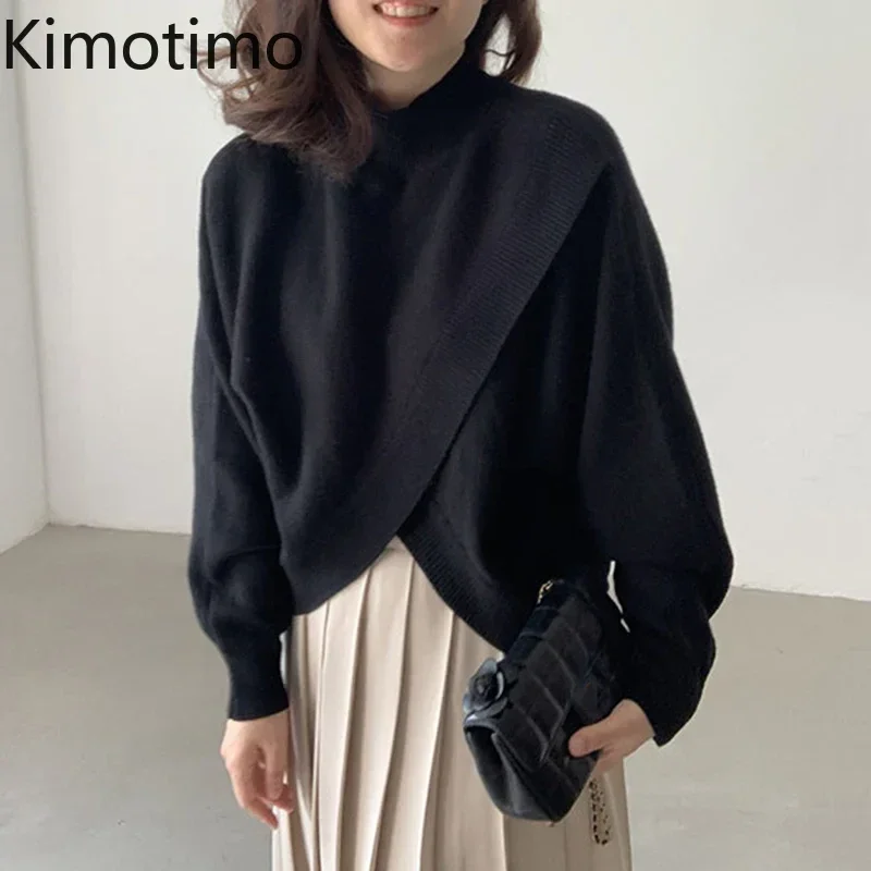 Kimotimo Irregular Design Sweater Women Korean Chic Stand Collar All-match Pullover Autumn Long Sleeve Loose Split Sweaters