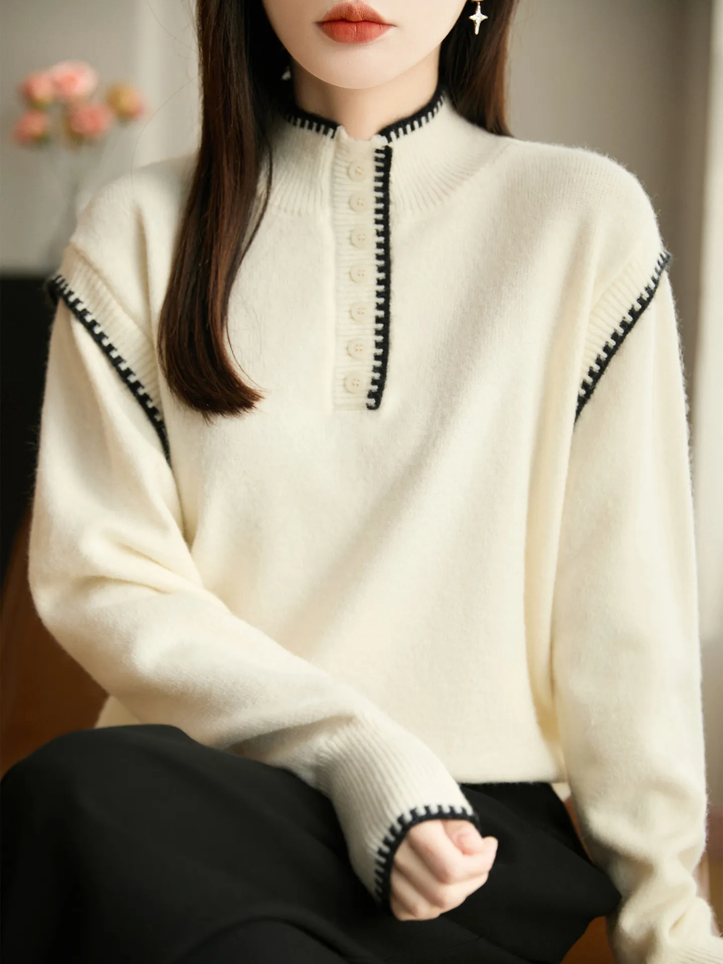 Faionable Color Blo f High Collar Loose Long Sve Damen-Strickpullover Herbst Winter Weich Hautfreundlich Base Ir...