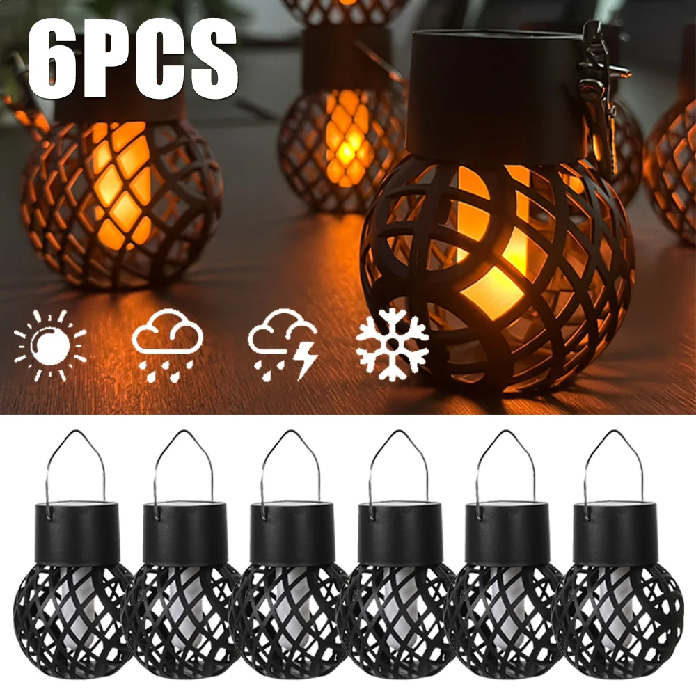 1-6Pcs LED Outdoor Flame Effect Hanging Lantern Out Waterproof Garden Decoration Lamp Solar Fairy Light For Patio Garden Yard