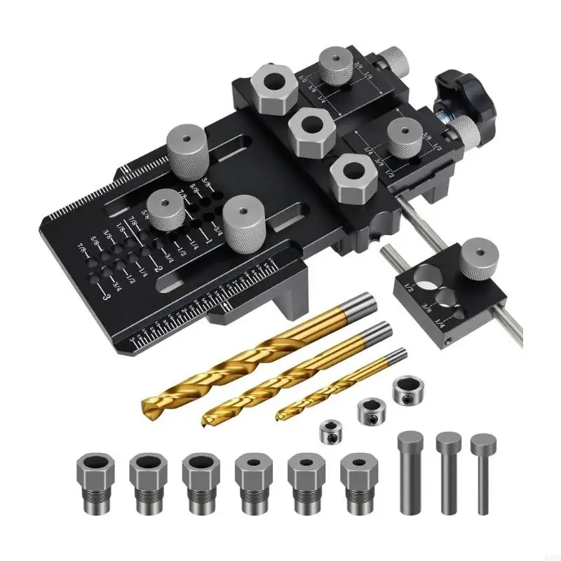 Woodworking Dowel Drilling Guide with Adjustable Positioning, 1/4 3/8 1/2 Guide Holes Metal Body for Cabinet Furniture M4YD