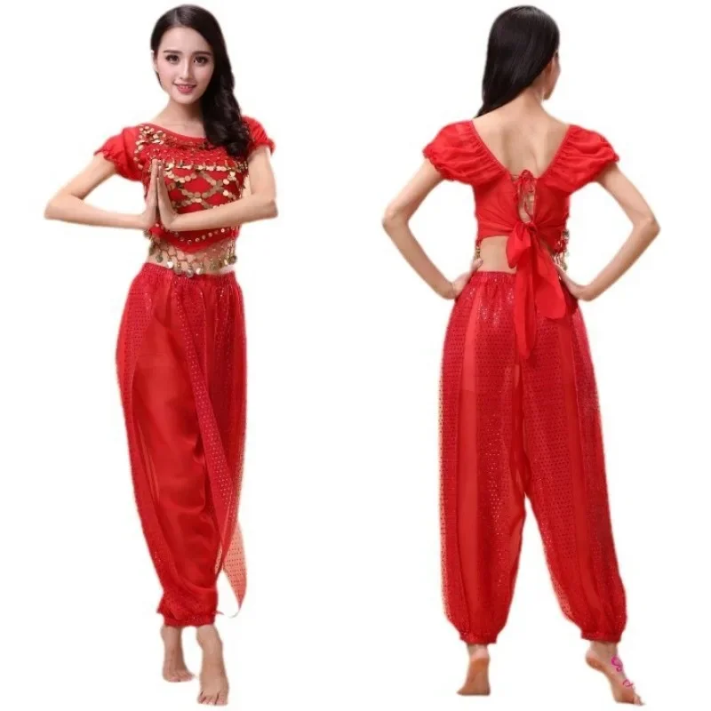 벨리 댄스 인도 댄스 의상 성인 여성용 볼리우드 인도 이집트 시폰 사리 신부 벨리 팬츠 댄스 연습 세트