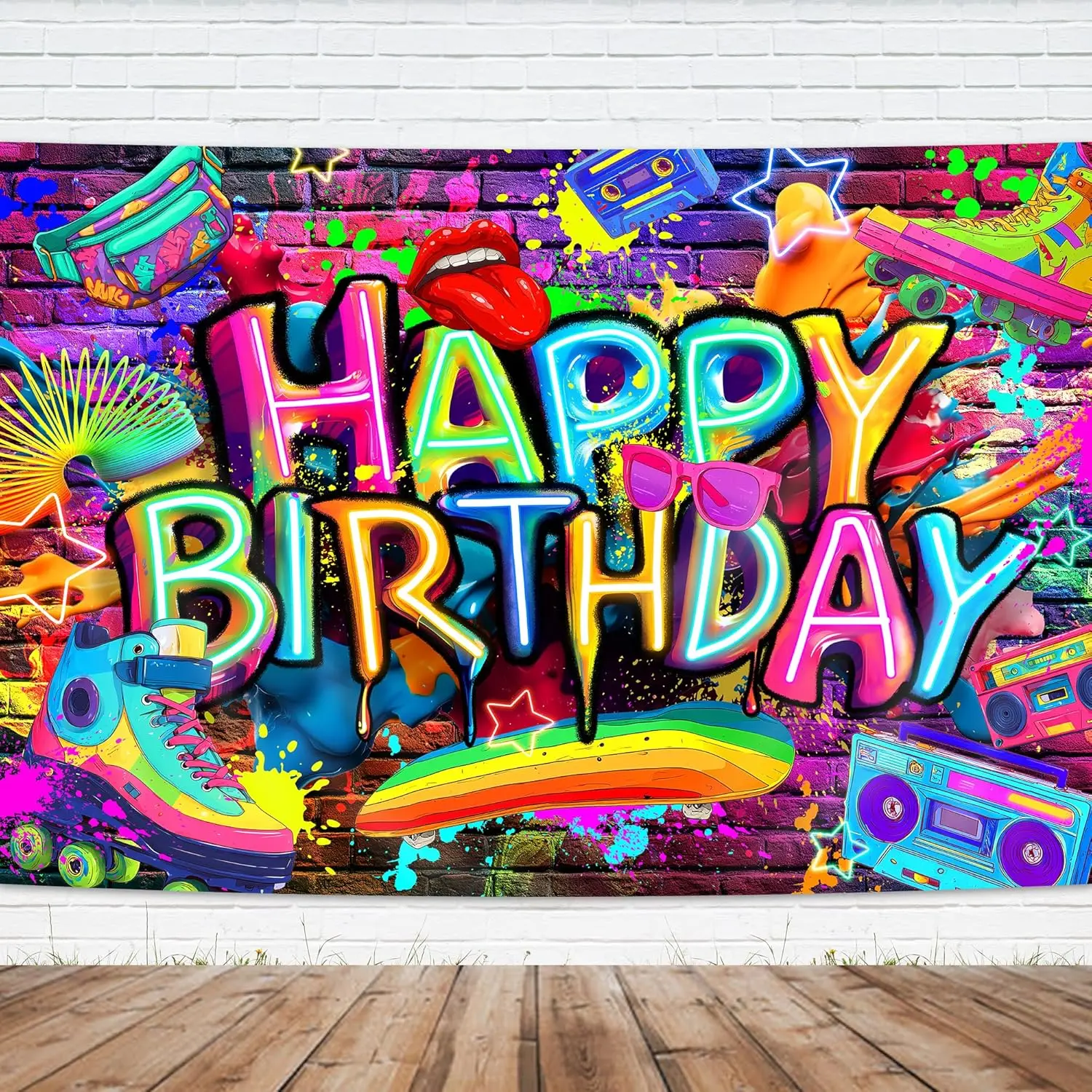 Neon Graffiti Happy Birthday Backdrop - Glow Brick Wall and Colorful Paint Splatter Background