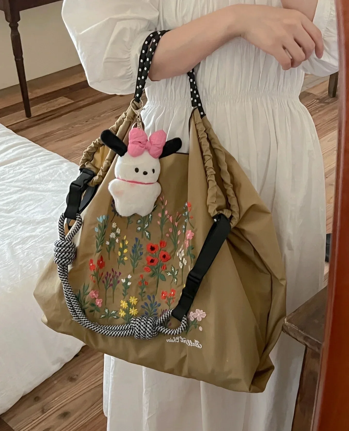

Large Embroidered Nylon Shoulder Purse Office & Shopping Carryall