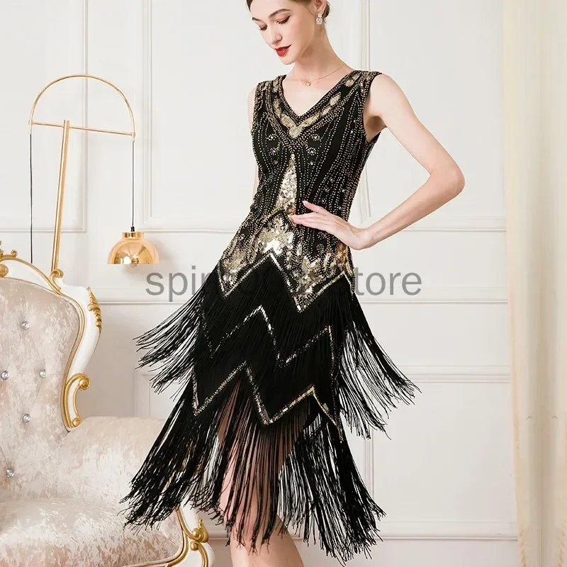 CosplayWomen 1920s Sleeveless V-Neck Double Layer Tassel Dress Gatsby Cocktail Prom Vintage Sequin Beads Dress Party Dance Dress