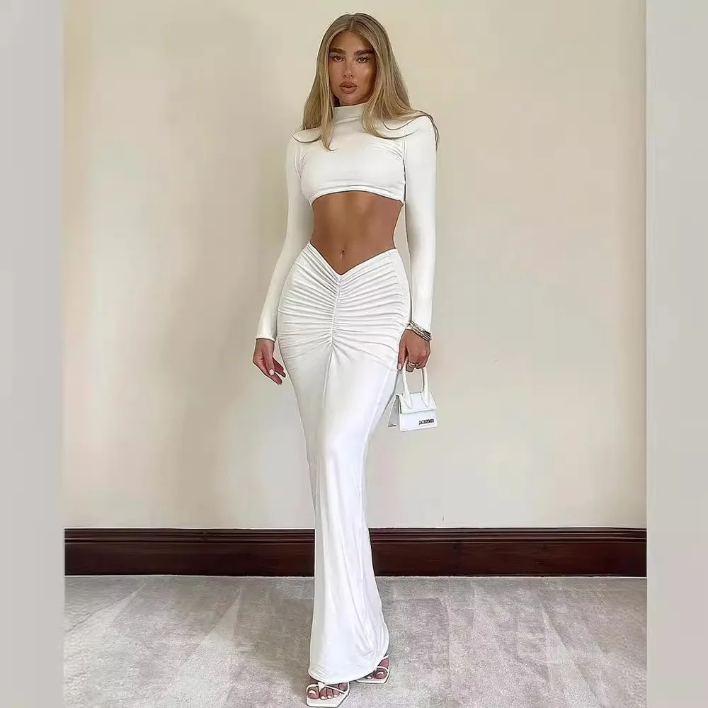 

Amazon женская одежда 2024, весенний новый сетчатый цвет, повседневный топ с высоким воротником и длинными рукавами, плиссированная длинная юбка, комплект