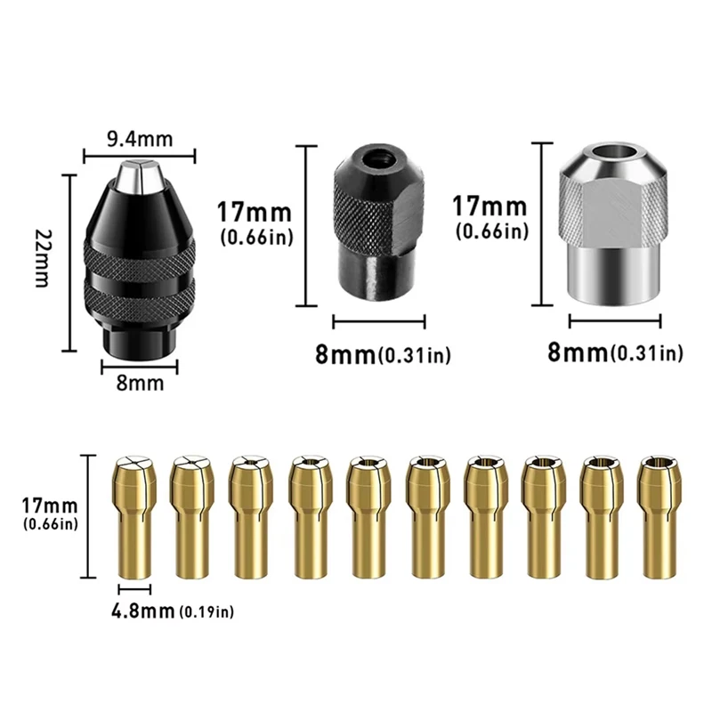 10 قطعة الكهربائية طحن النحاس كوليت مجموعة 0.5-3.2 مللي متر المدى 4-Petal النحاس كوليت مع قفل كوليت الأم ل دريمل مثقاب صغير