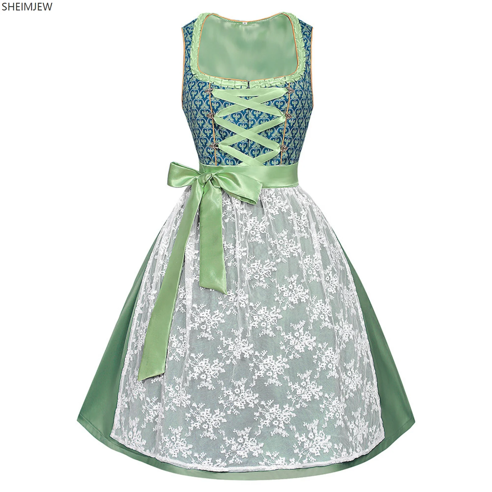 

Bavaria Oktoberfest Lace Costume Sleeveless Dress Green Maid Costume German Beer Apron Costume Maid Cosplay Halloween Party gown