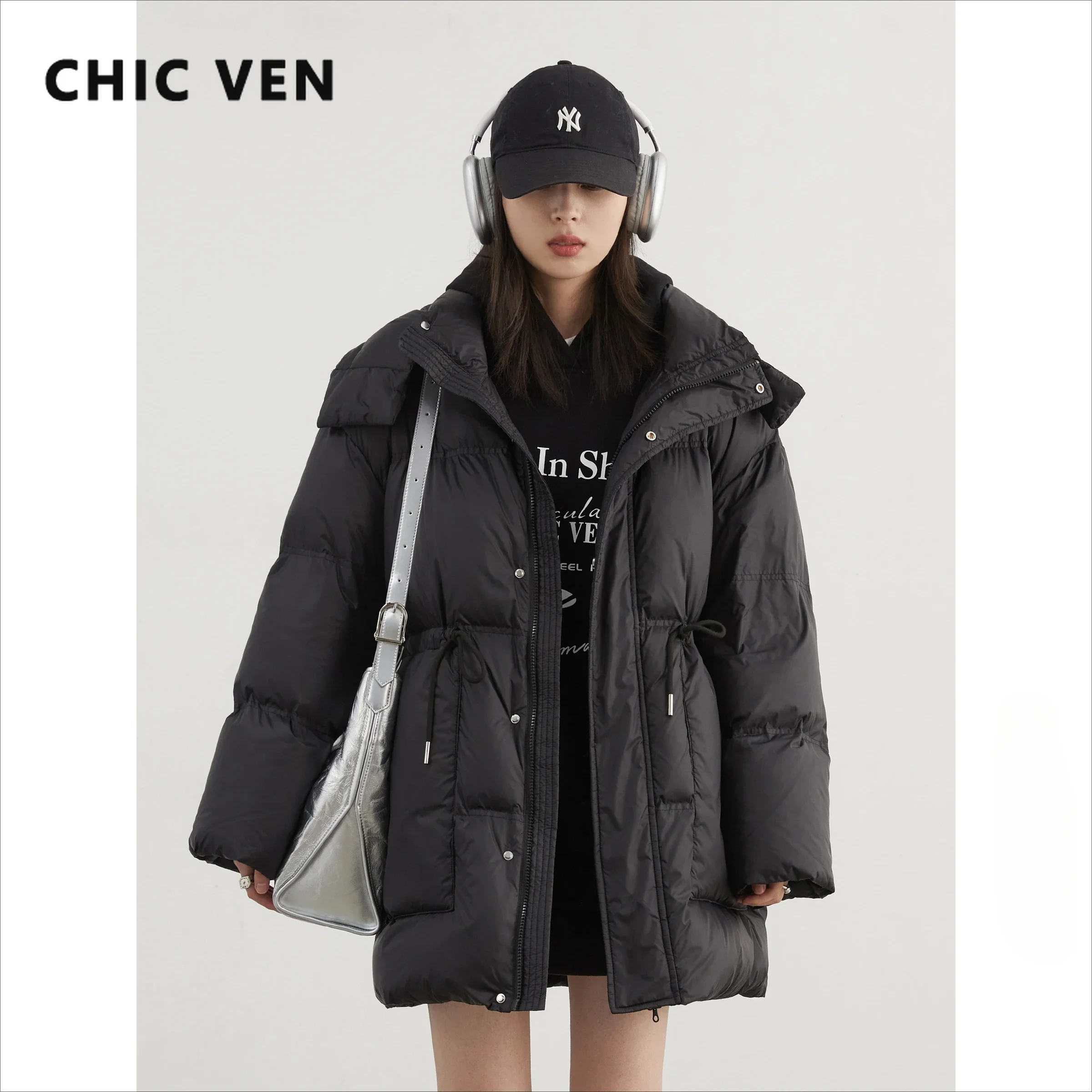 CHIC VEN-Chaqueta de plumón para mujer, chaqueta holgada lisa con capucha y cintura abombada, abrigo de pato blanco medio largo 90 para invierno 2024