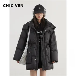 CHIC VEN Women Down Jacket Loose Solid New Hooded Waist Puff Female Down Jacket Medium Long 90 White Duck Coat Winter 2024