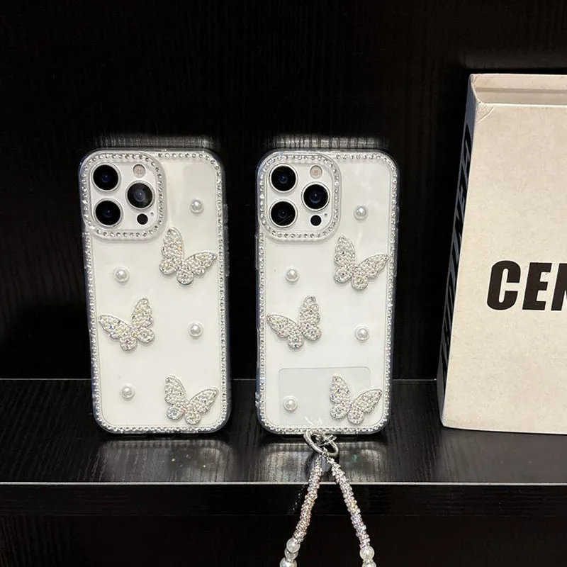 Perle papillon Bling diamant clair coque de téléphone pour Samsung Galaxy Note 10 A56 A36 A26 A16 A06 A55 A35 A25 A15 5G A05 couverture souple
