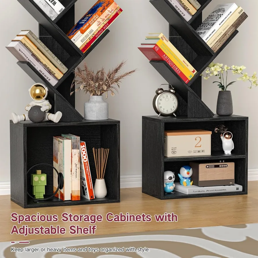 Libreria ad albero a 9 livelli con luce integrata, funzione timer telecomando e armadio portaoggetti nascosto, pavimento alto moderno dimmerabile