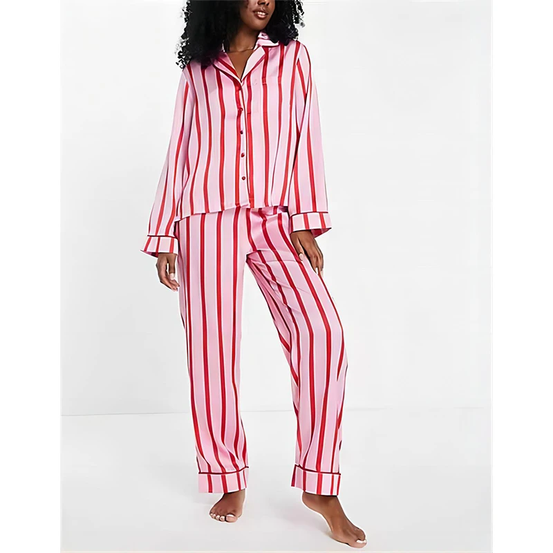 Ling Pink Striped Summer New In Women\'s Sleepwear Pijama Loose Casual 2 Pcs long Sleeve& Pants Sets Loungewear Home Clothe Sets