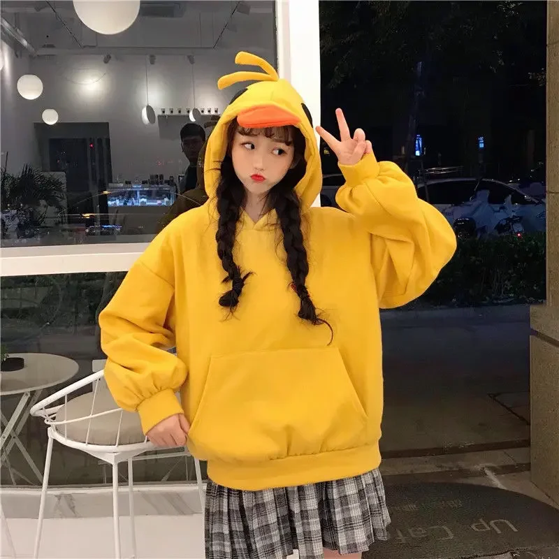 

Women Long Sleeve Cute Tops for Teens Korean Style 2021 Autumn Winter Fashion Yellow Casual Pullovers Tops Kawaii Duck Hoodies