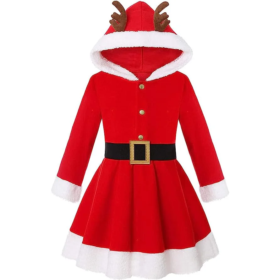 Toddler Baby Girls Christmas Elk Hooded Costume Red Santa Claus Long Sleeve Princess Dress With Belt & Hat Shawl Xmas Outfits